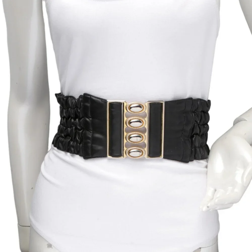 Vegan Faux Leather Wide Cinch Belt Ruffled Black Stretch Waist Band Gold Buckle - Picture 8 of 11